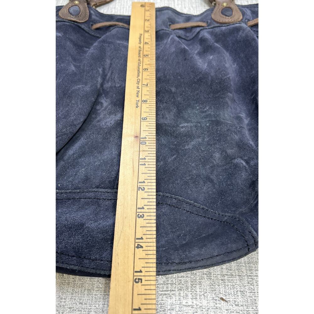 Lucky Brand Navy Blue Suede Hobo Tote Bag Drawstring Leather Double Handles Boho - Picture 3 of 10